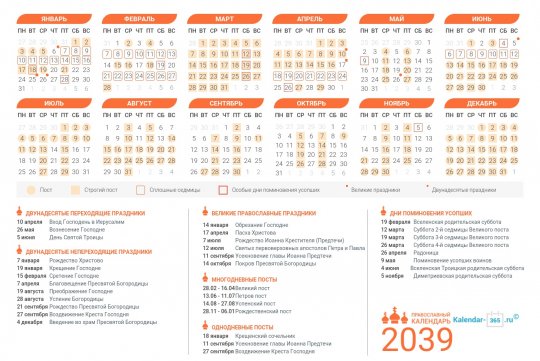 Православный календарь на Январь 2039 года