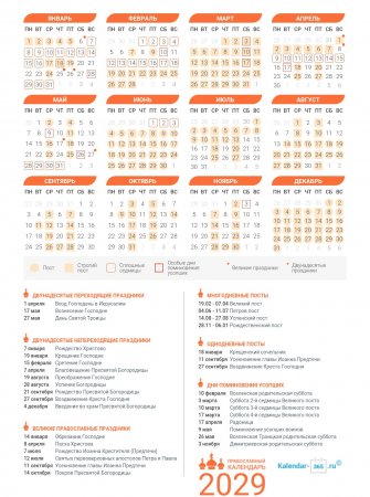 Православный календарь на Сентябрь 2029 года