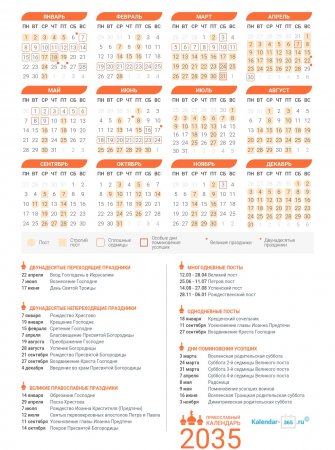 Православный календарь на Февраль 2035 года