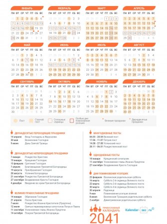 Православный календарь на Июль 2041 года