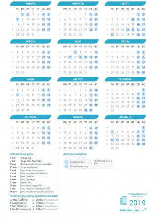 Выходные и праздничные дни Казахстана на Август 2019 года